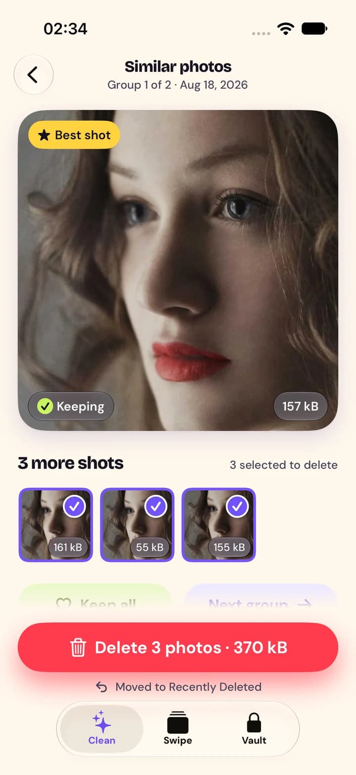 A group of similar photos with the best shot marked as kept and three shots selected for deletion