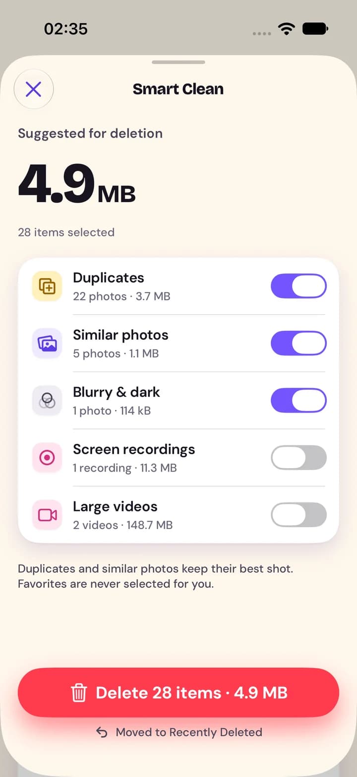Smart Clean with switches for duplicates, similar photos, blurry and dark photos, screen recordings and large videos