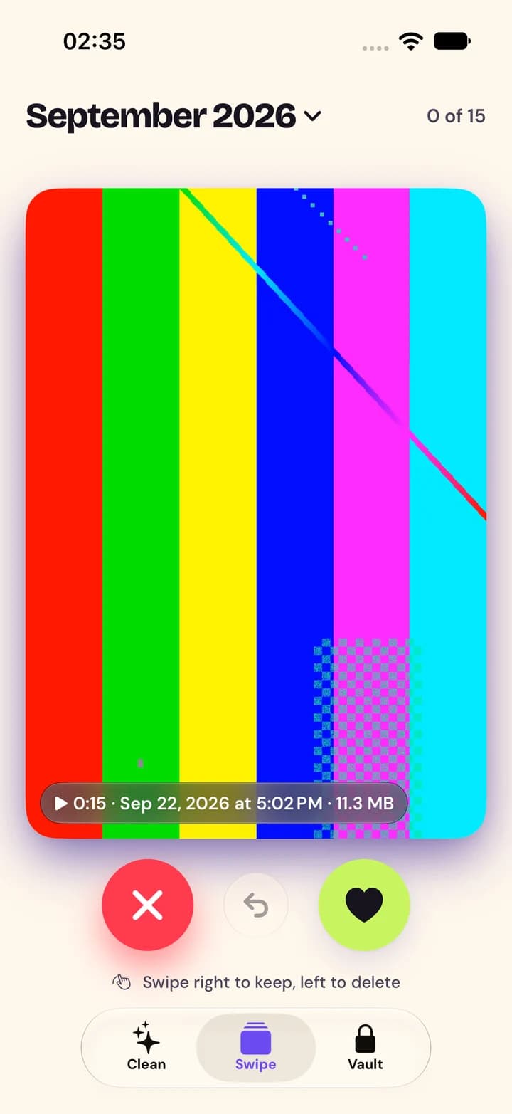 The swipe deck showing one video with delete, undo and keep buttons