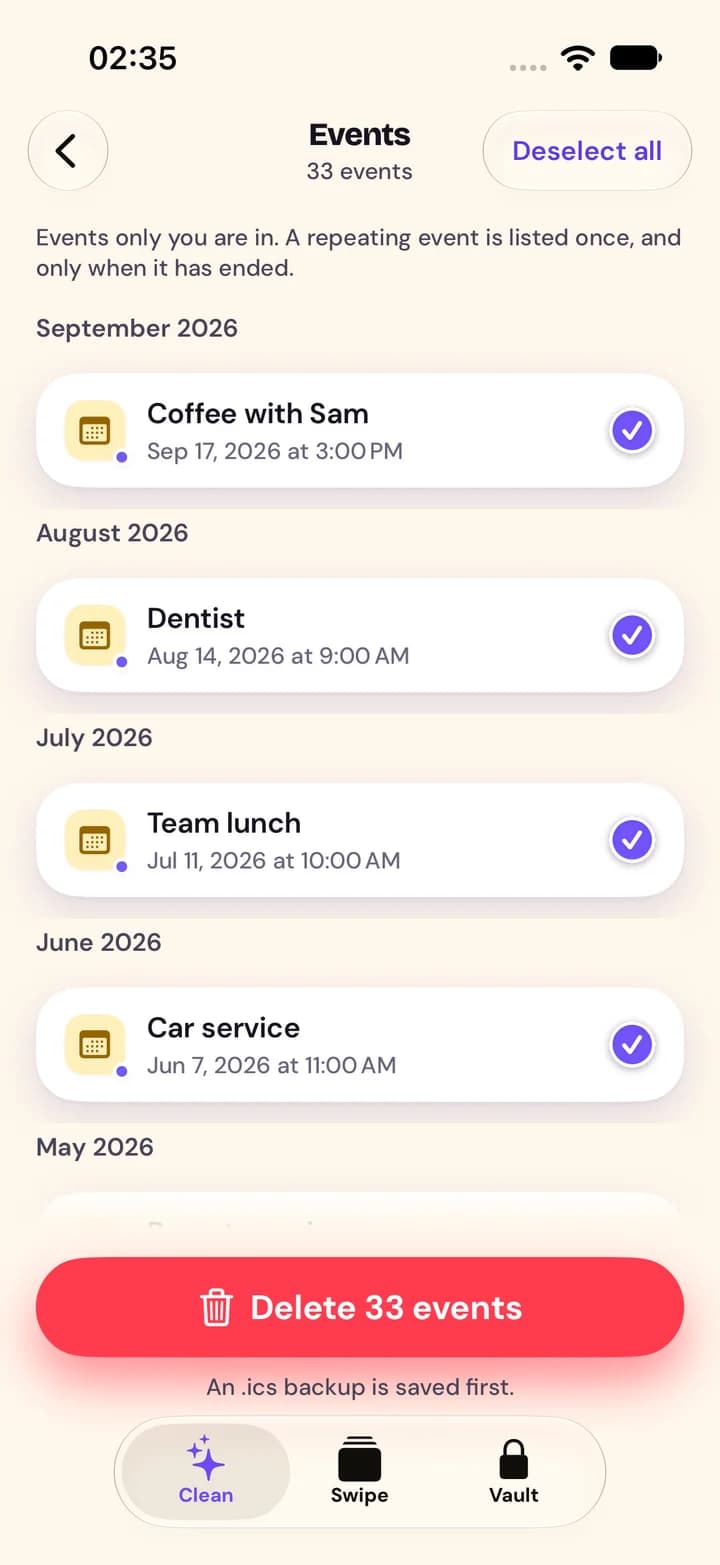 A list of past calendar events by month with a delete button and a note that an .ics backup is saved first