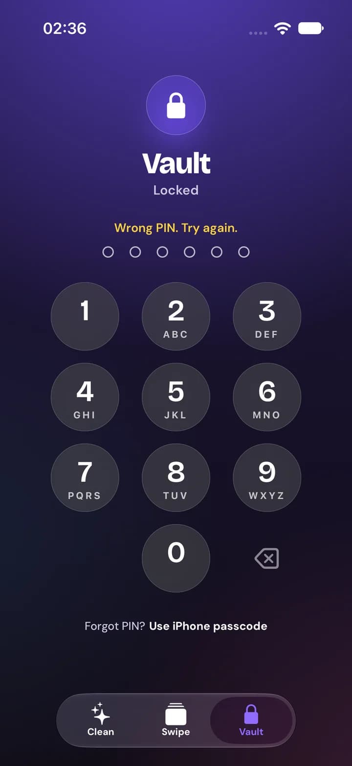 The locked vault after a wrong PIN, with a PIN keypad and a link to use the iPhone passcode if the PIN is forgotten