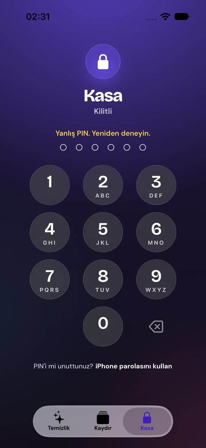 Yanlış PIN girildikten sonra kilitli kasa; PIN tuş takımı ve PIN unutulursa iPhone parolasını kullanma bağlantısı